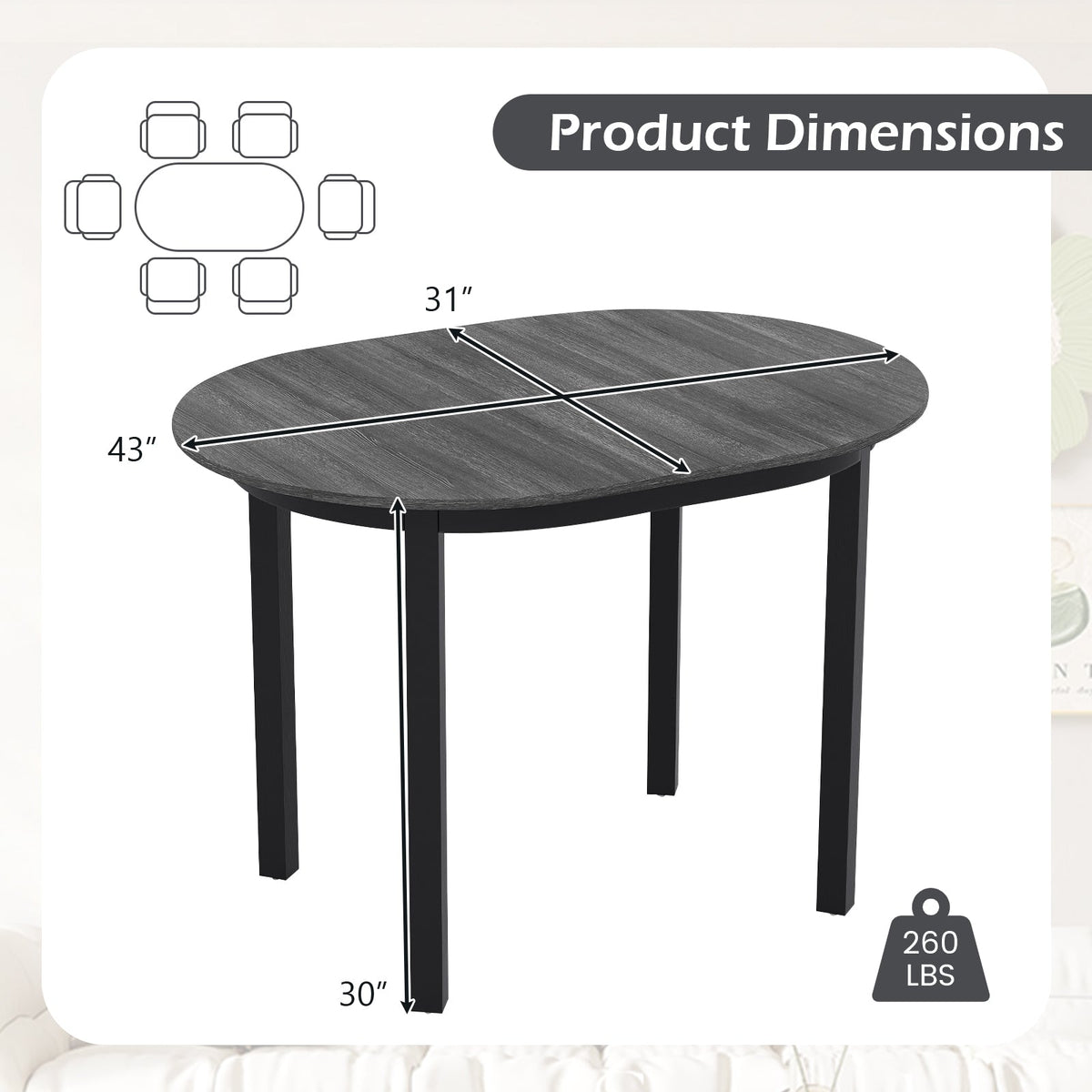 43 Inch Wooden Dining Table with Rubber Wood Legs for 2-4 People-Black