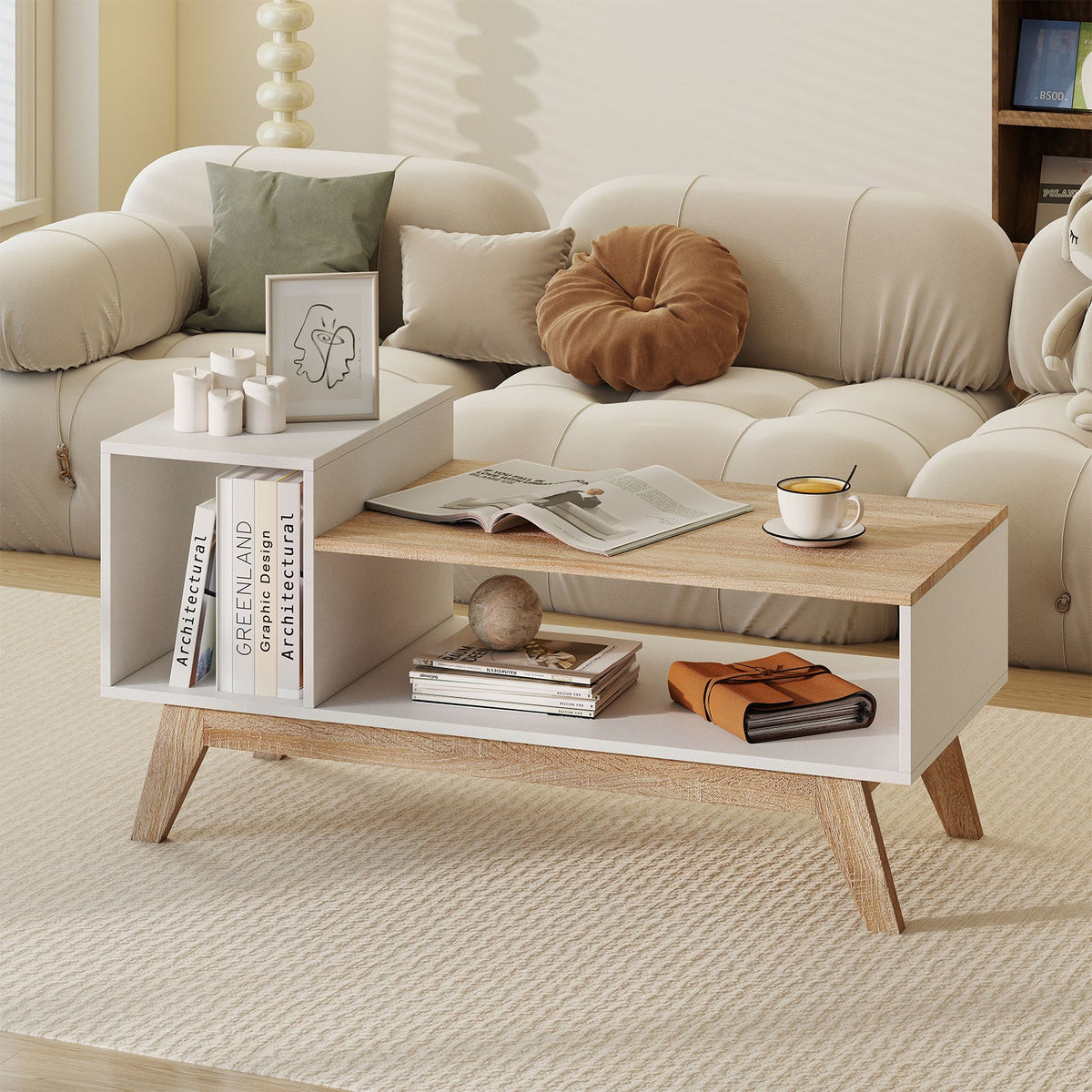 43 Inch Coffee Table with Stepped Tabletop and Storage Compartments-White
