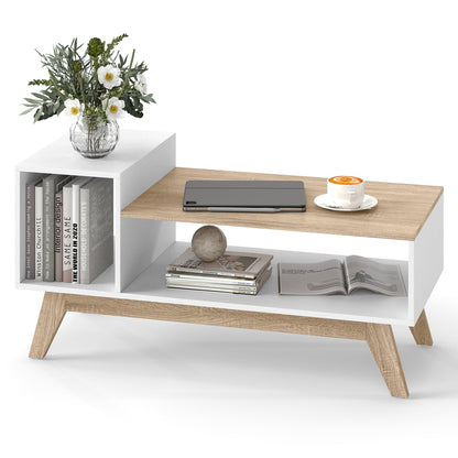 43 Inch Coffee Table with Stepped Tabletop and Storage Compartments-White
