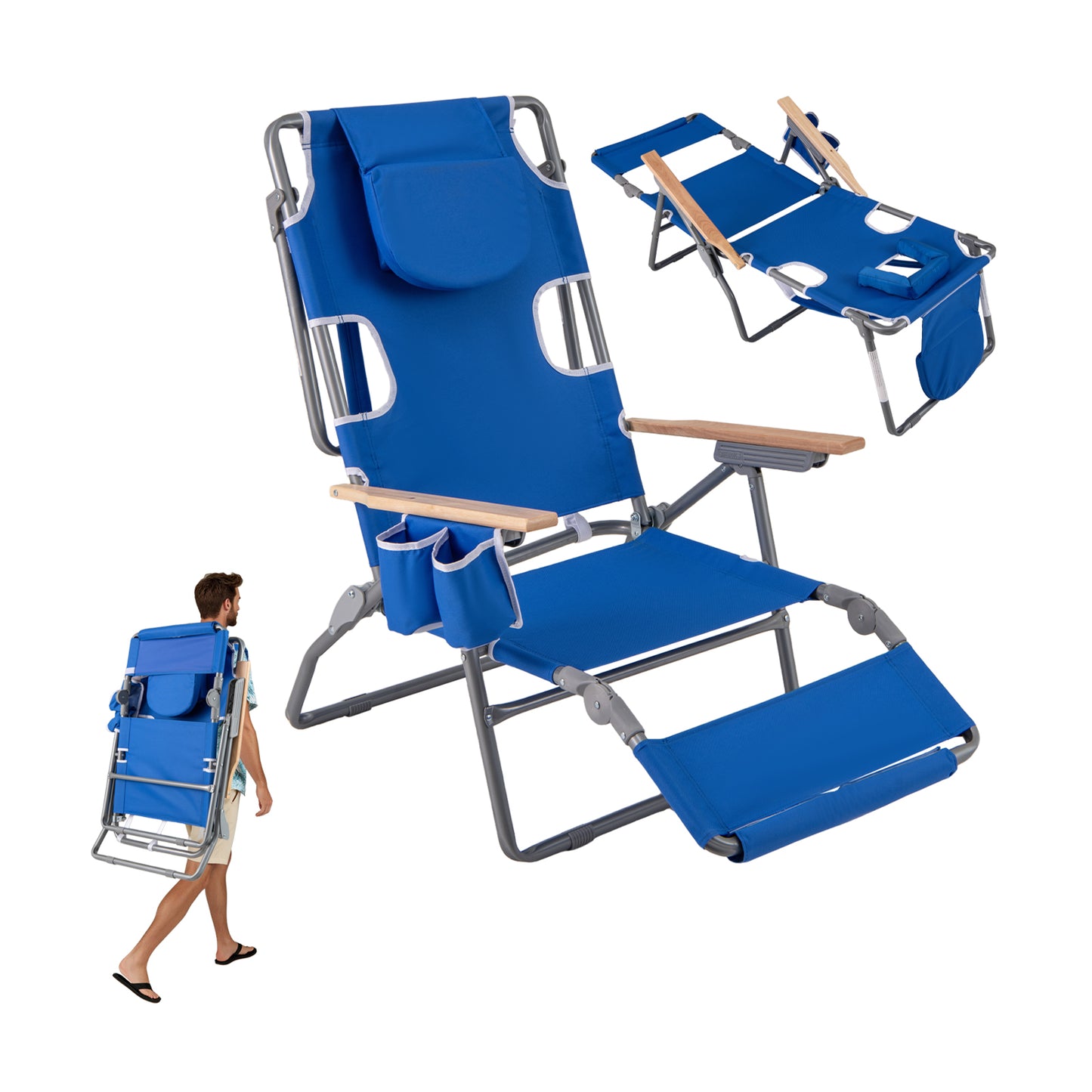 Foldable Beach Chair with Adjustable Backrest & Footrest