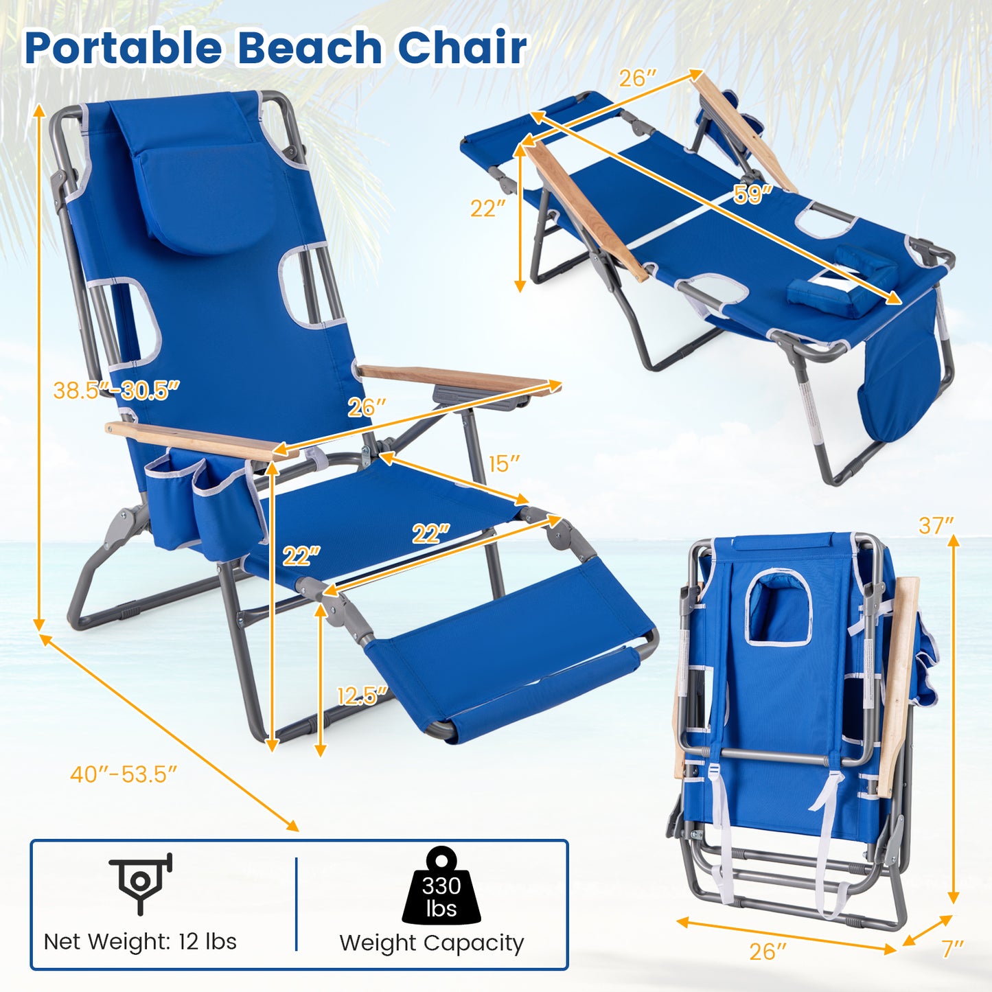 Foldable Beach Chair with Adjustable Backrest & Footrest