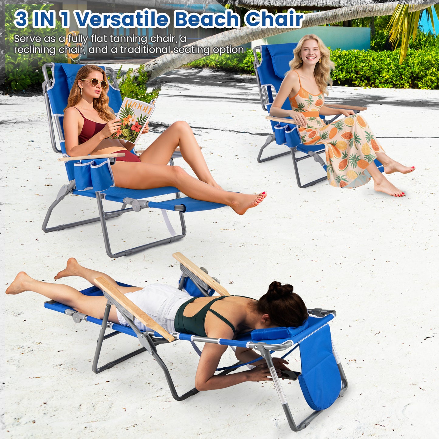 Foldable Beach Chair with Adjustable Backrest & Footrest