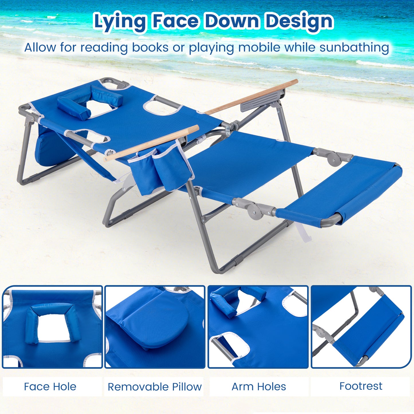 Foldable Beach Chair with Adjustable Backrest & Footrest