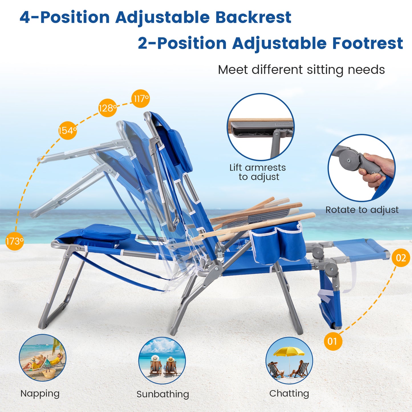 Foldable Beach Chair with Adjustable Backrest & Footrest