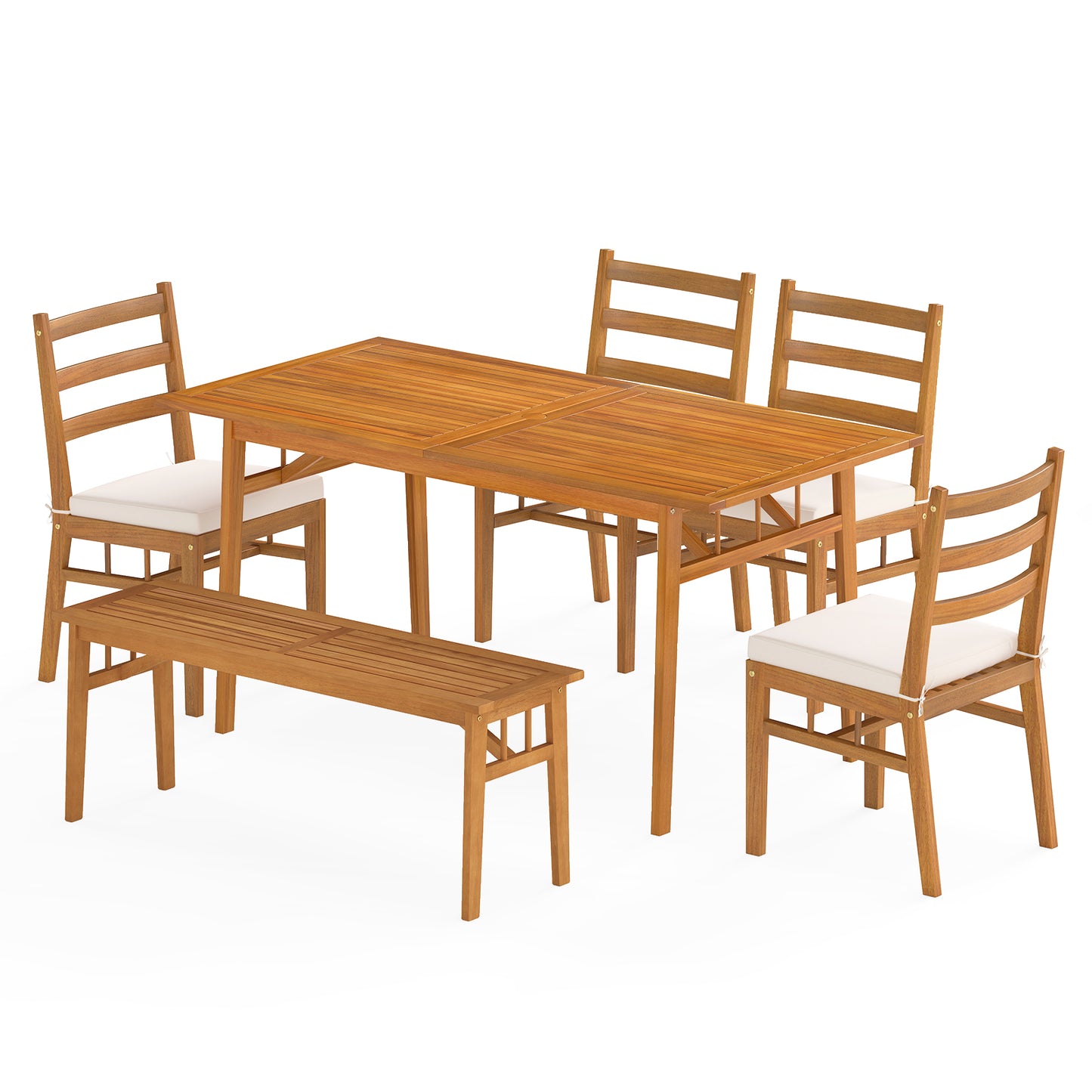 6-Piece Acacia Wood Patio Dining Set with Bench and Cushions