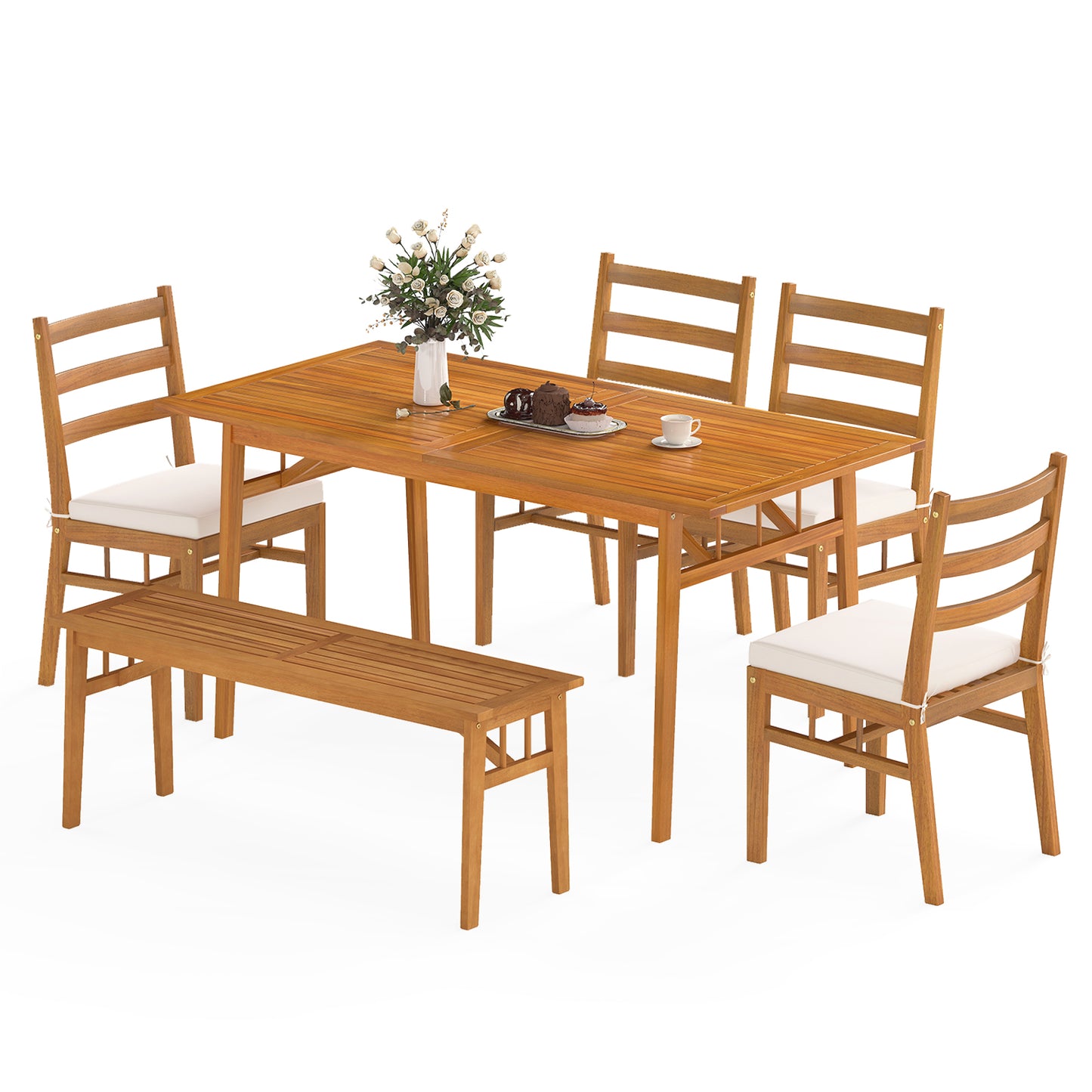 6-Piece Acacia Wood Patio Dining Set with Bench and Cushions
