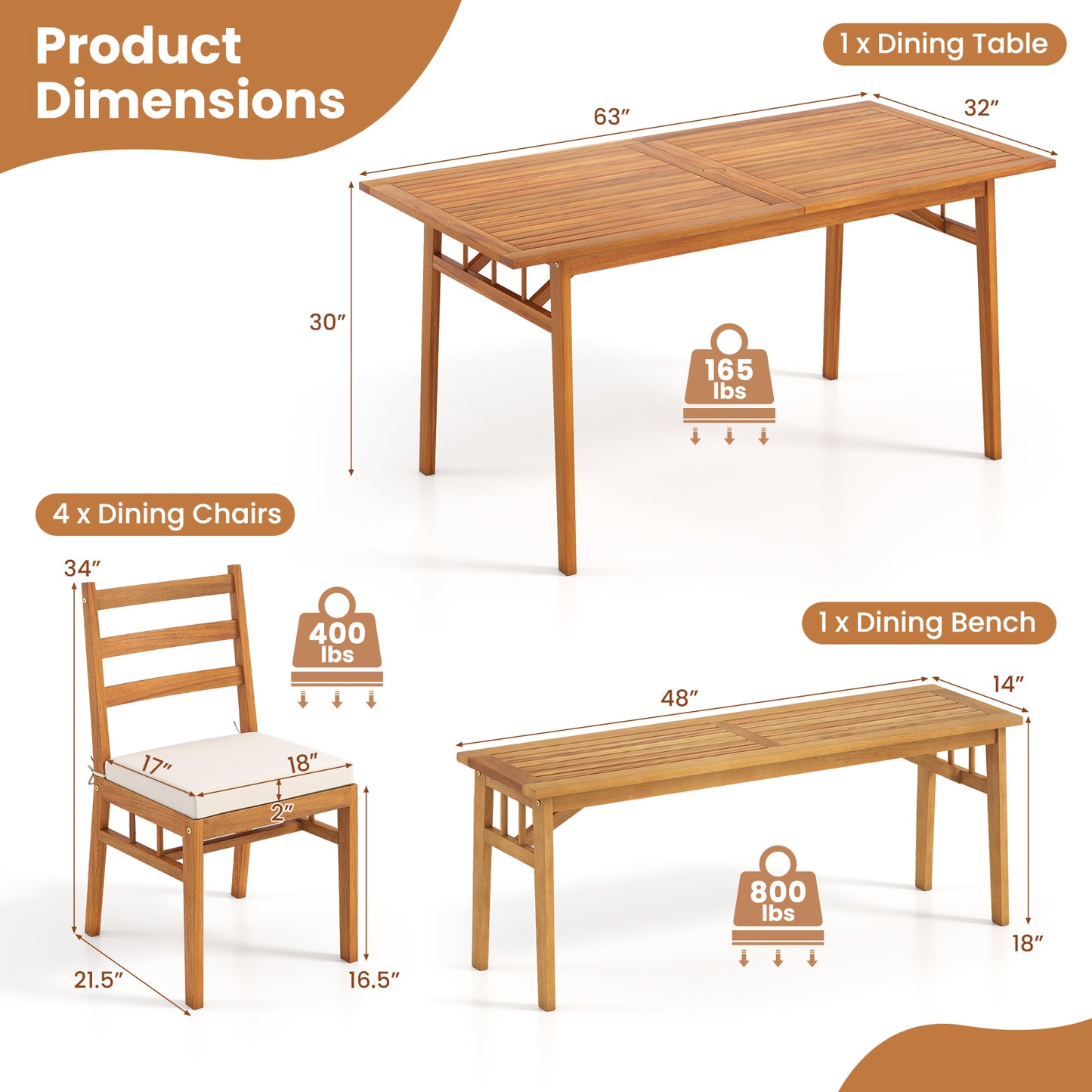6-Piece Acacia Wood Patio Dining Set with Bench and Cushions