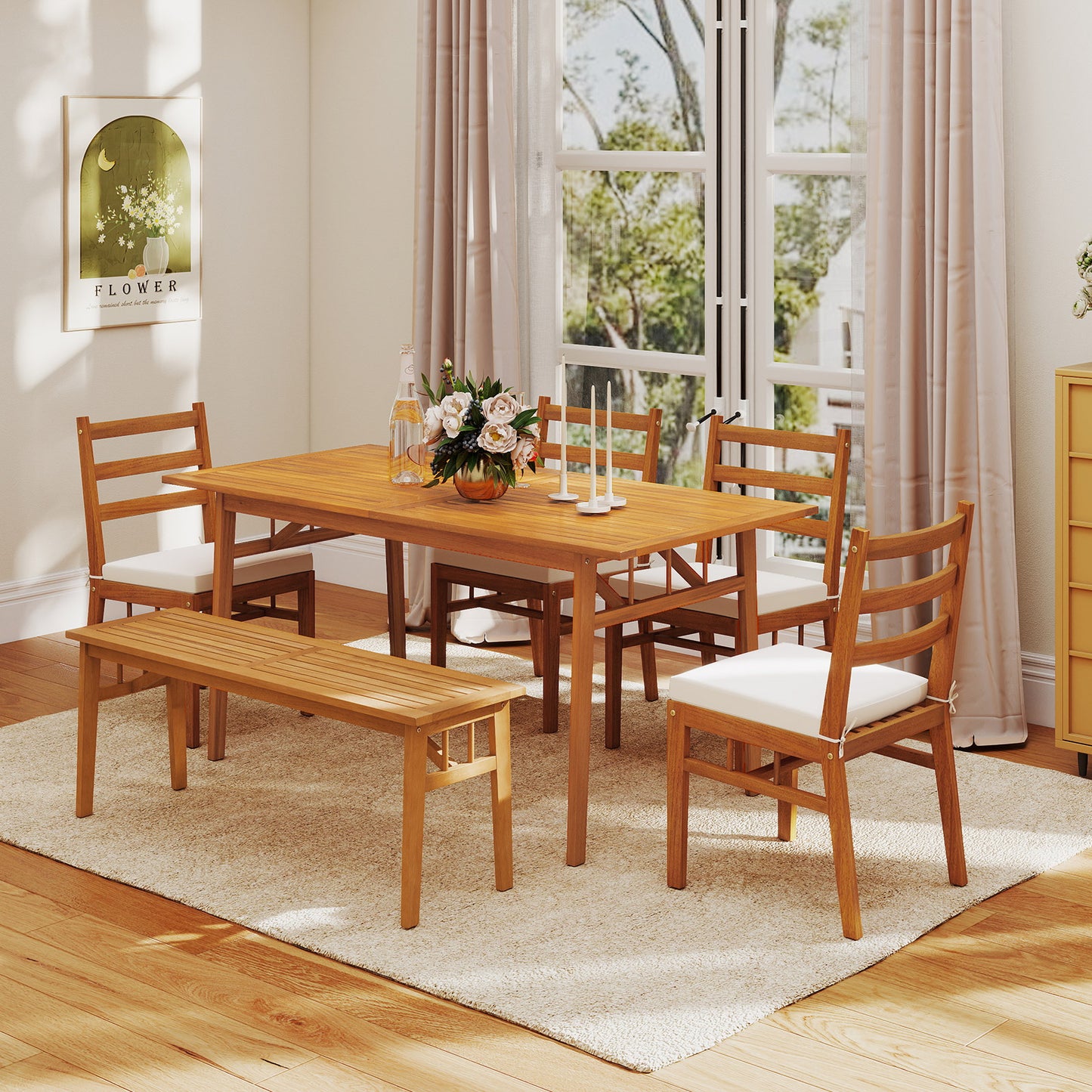 6-Piece Acacia Wood Patio Dining Set with Bench and Cushions