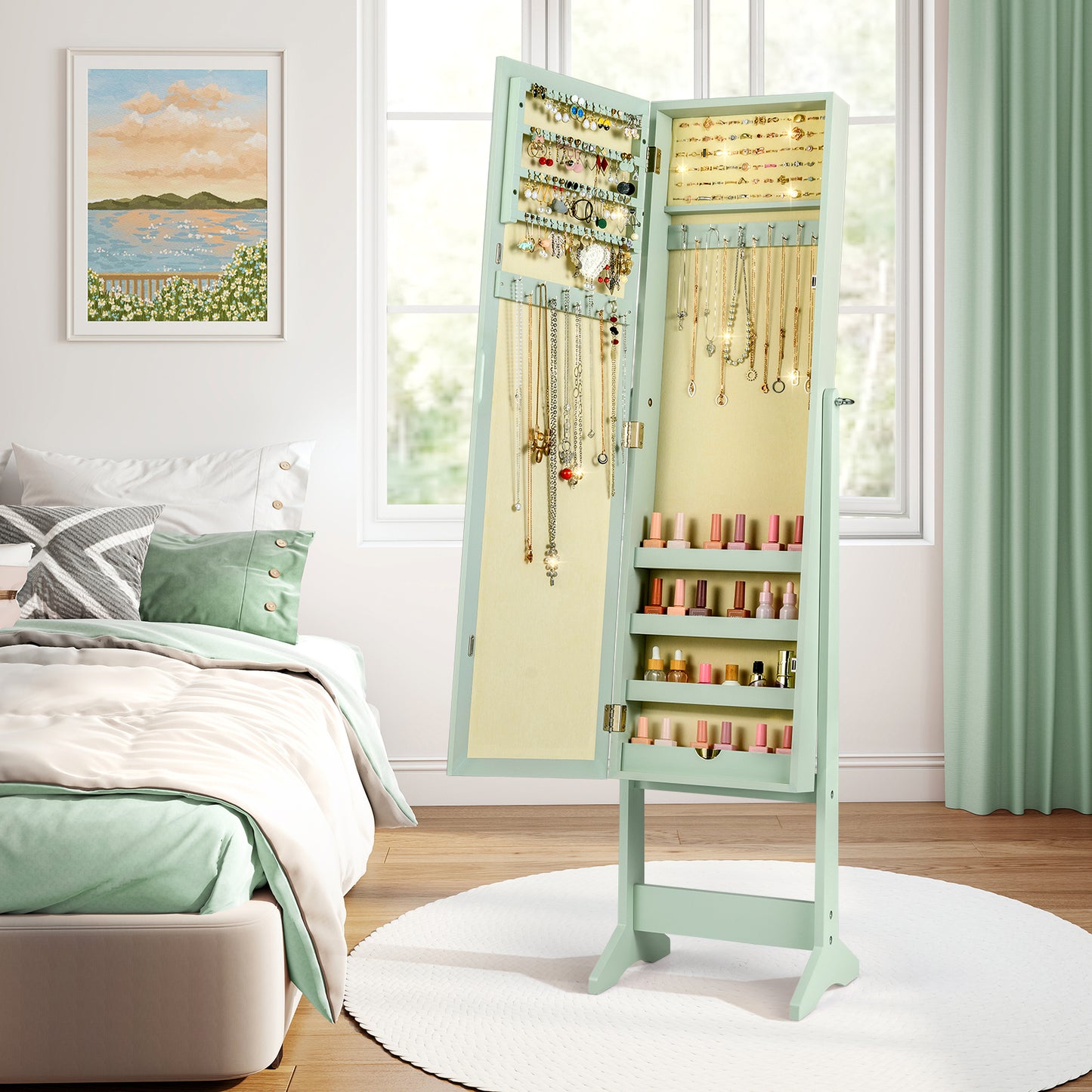 Standing Jewelry Cabinet with Mirror 56" Tall Storage Armoire