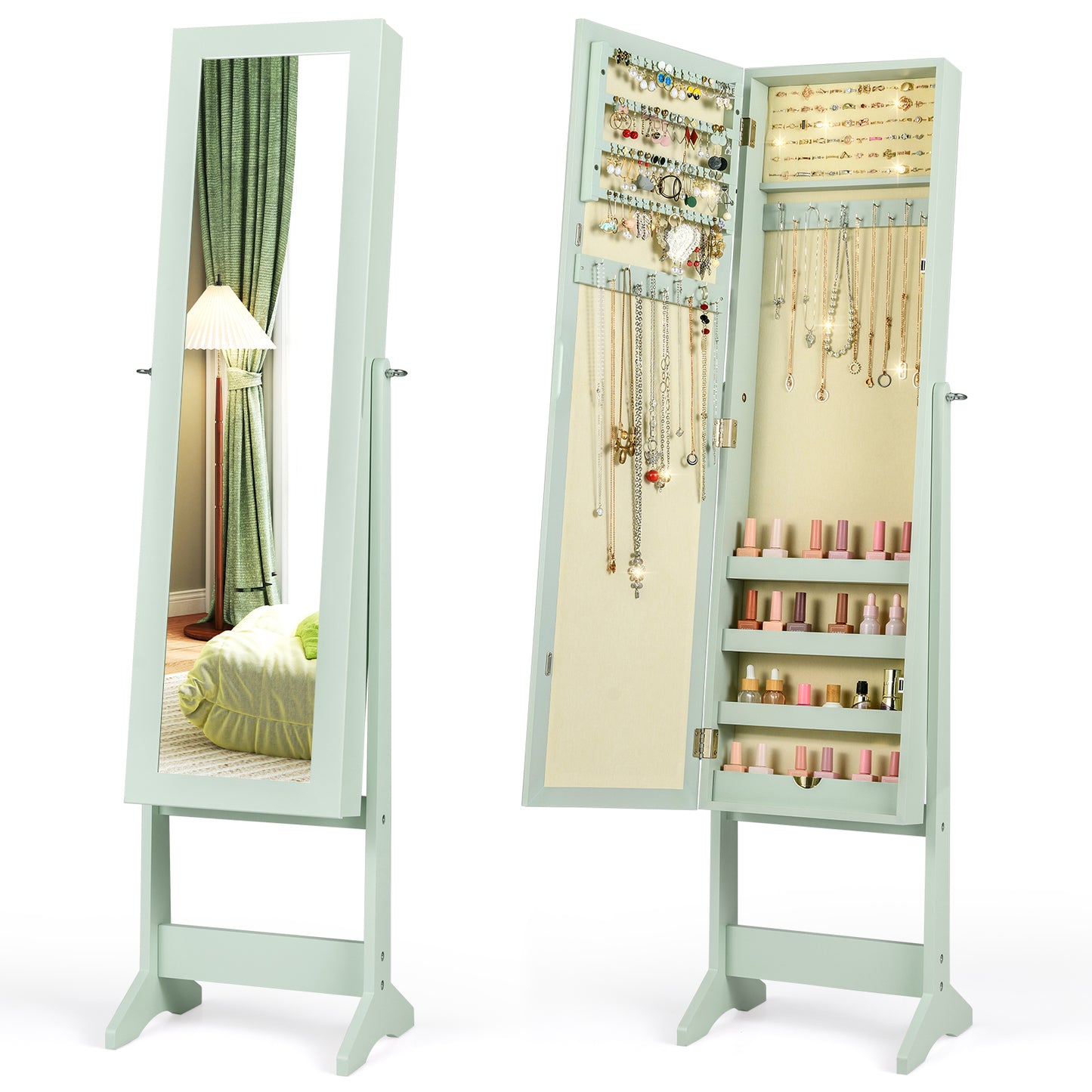 Standing Jewelry Cabinet with Mirror 56" Tall Storage Armoire