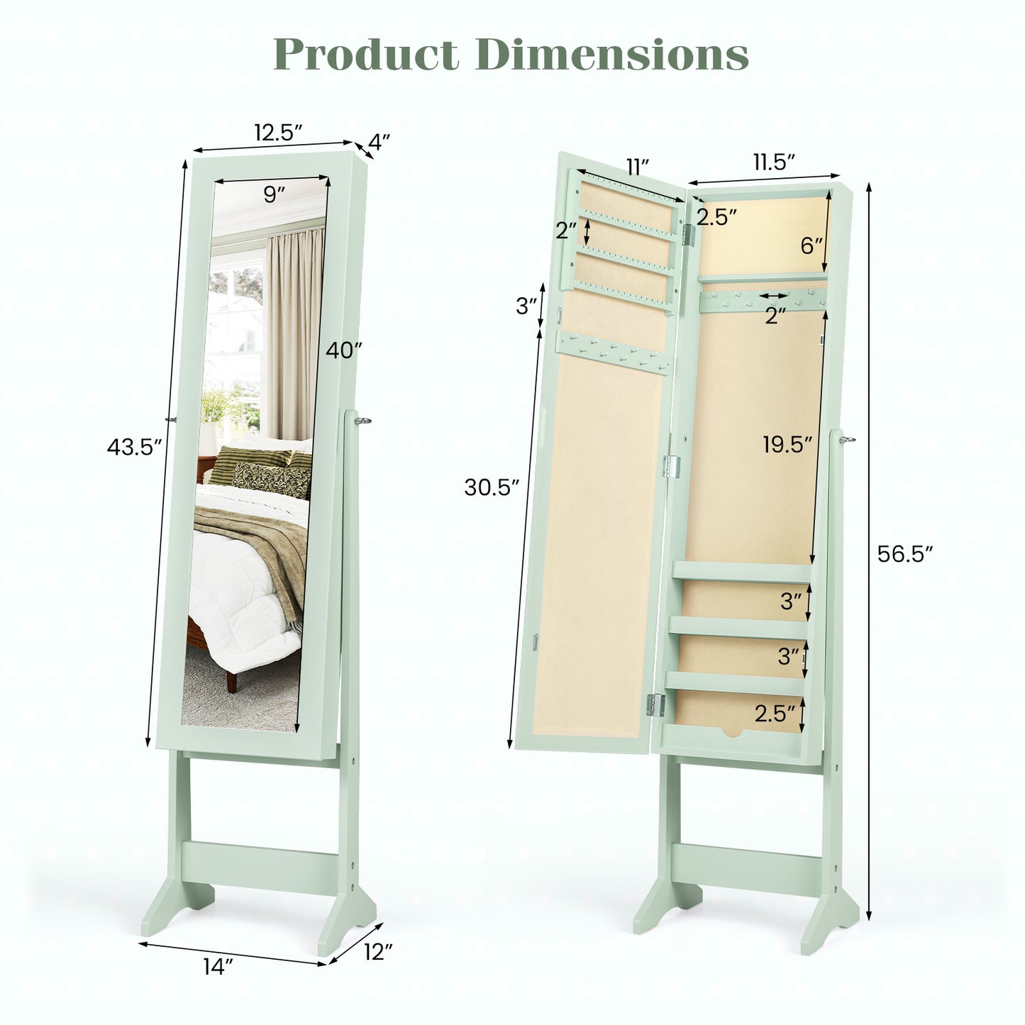 Standing Jewelry Cabinet with Mirror 56" Tall Storage Armoire
