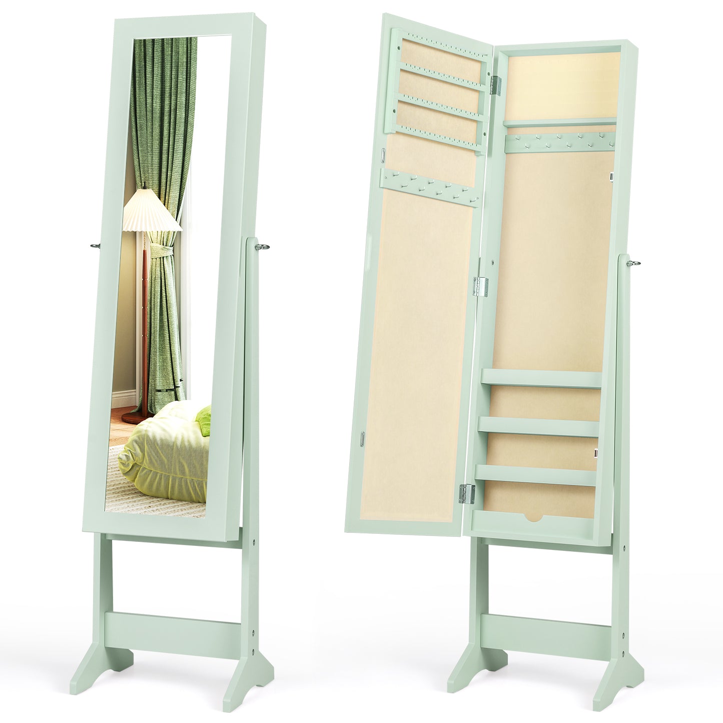 Standing Jewelry Cabinet with Mirror 56" Tall Storage Armoire