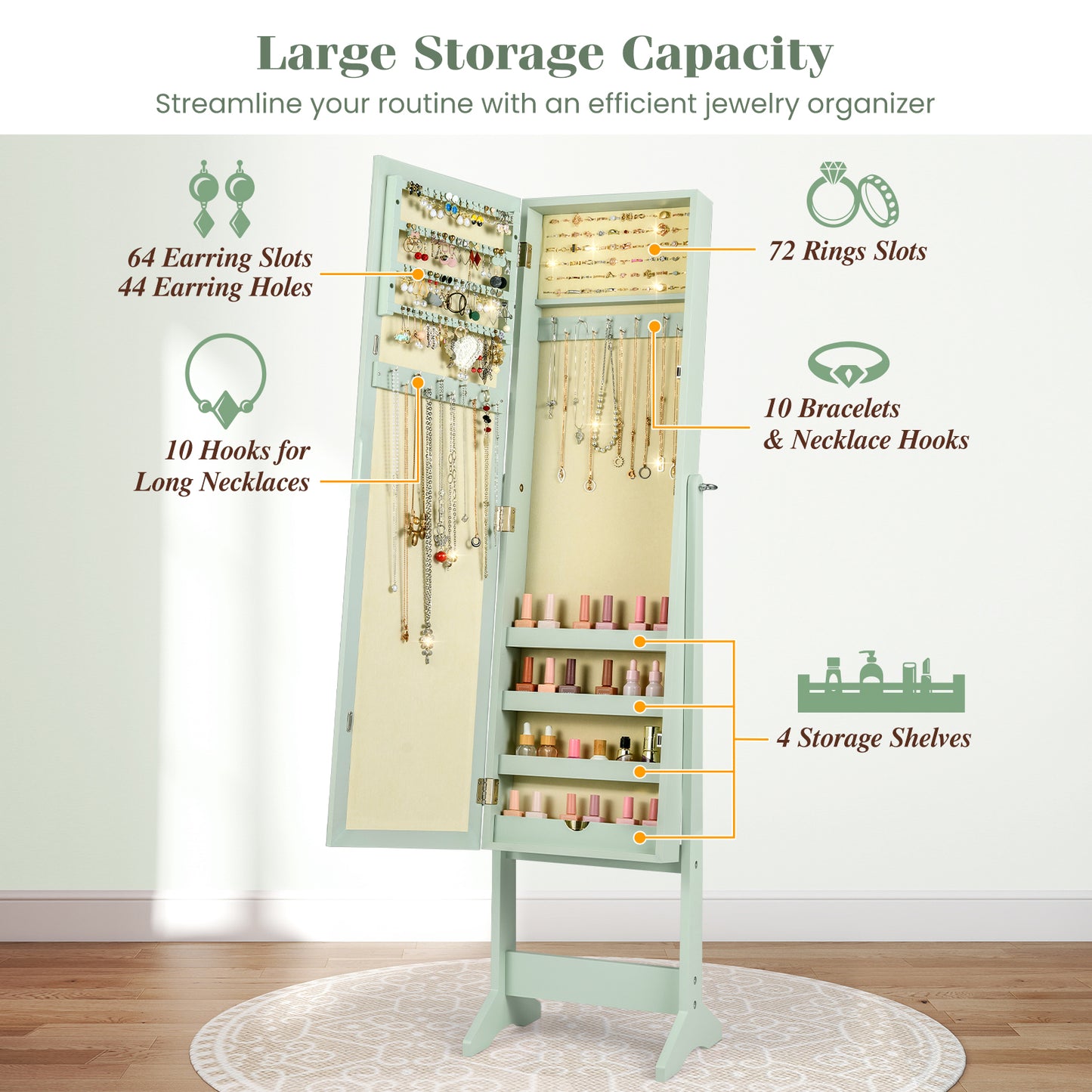 Standing Jewelry Cabinet with Mirror 56" Tall Storage Armoire