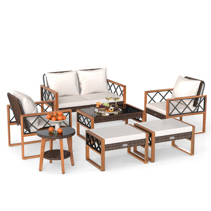 7 Pieces Patio Furniture Set PE Wicker Acacia Wood Outdoor Conversation Set