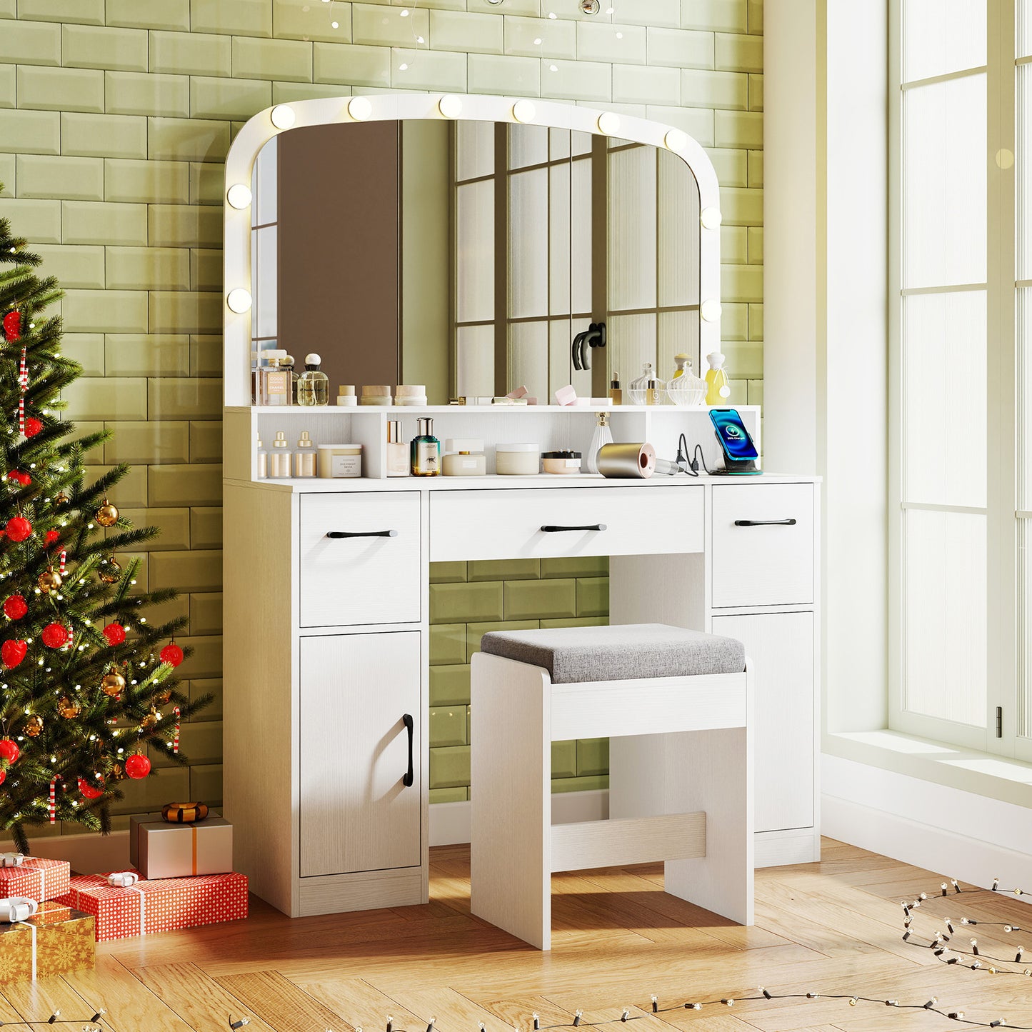 Makeup Vanity Desk with Lighted Mirror, Stool & Charging Station