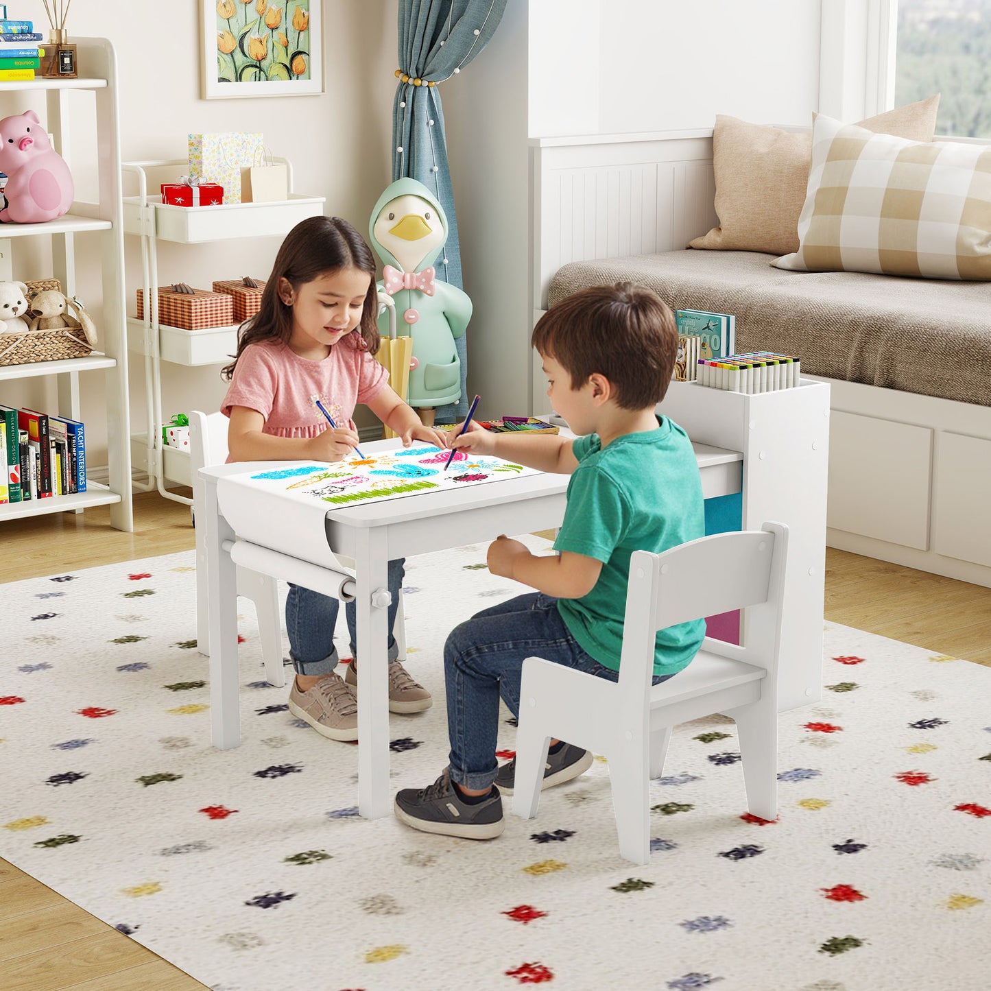 Kids Art Table and Chair Set with Paper Roll and Storage