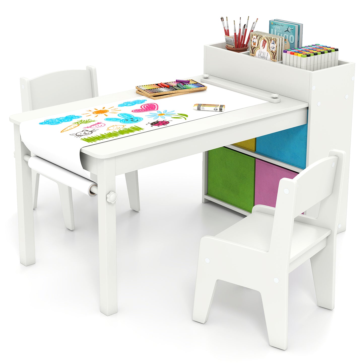 Kids Art Table and Chair Set with Paper Roll and Storage