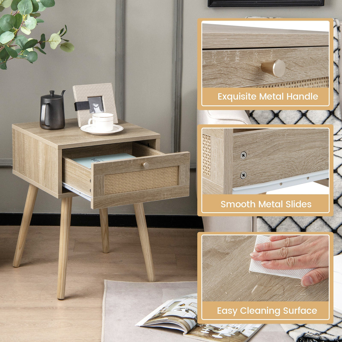Set of 2 Modern Rattan Nightstand with Drawer and Solid Wood Legs for Bedroom and Living Room-Oak