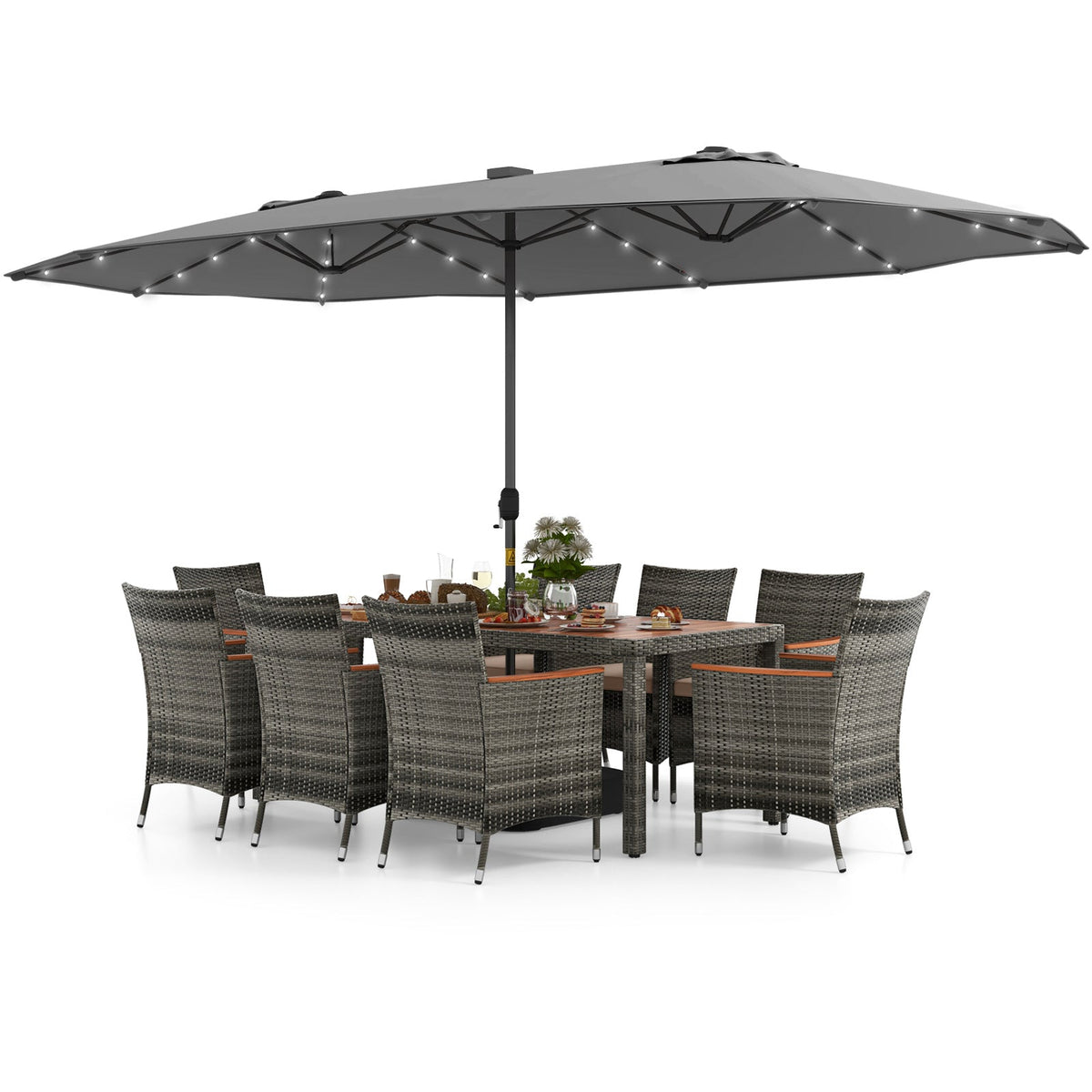 11 Pieces Patio Dining Set with 15 Feet Double-Sided Patio Umbrella Base Included