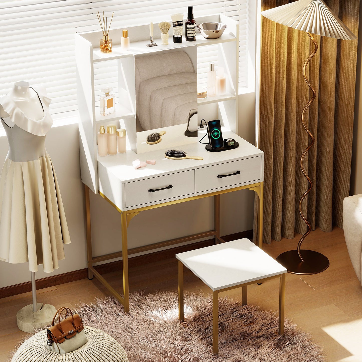 Vanity Desk with Charging Station and Storage Drawers
