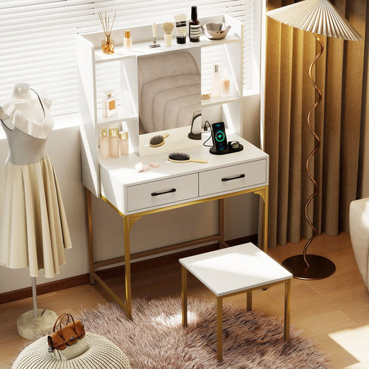 Vanity Desk with Charging Station and Storage Drawers
