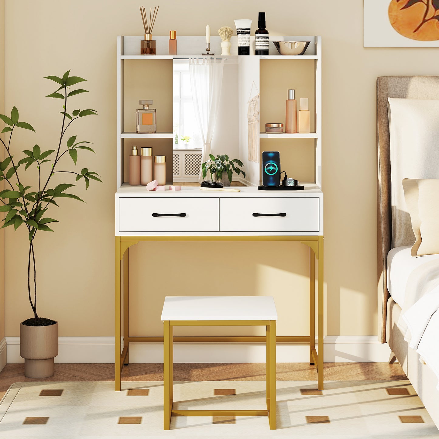 Vanity Desk with Charging Station and Storage Drawers