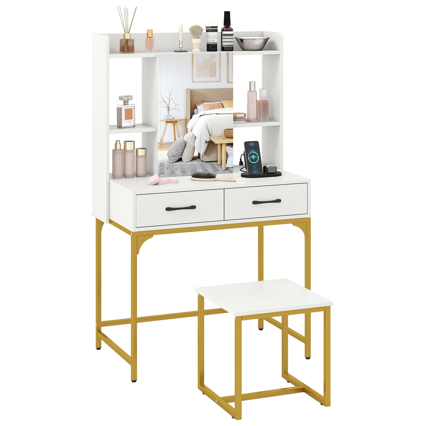 Vanity Desk with Charging Station and Storage Drawers