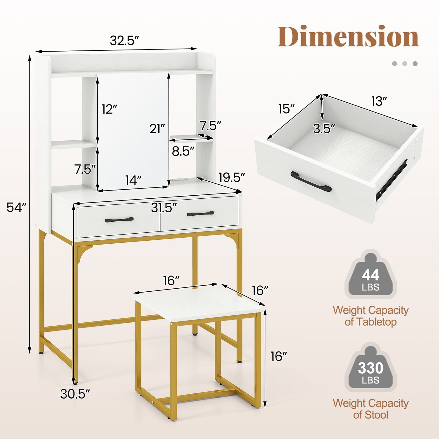 Vanity Desk with Charging Station and Storage Drawers