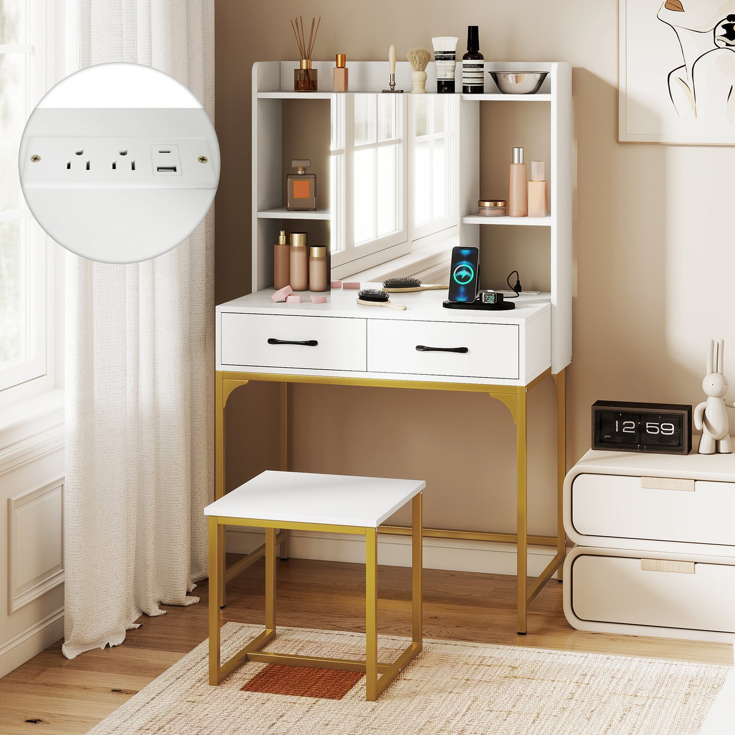 Vanity Desk with Charging Station and Storage Drawers