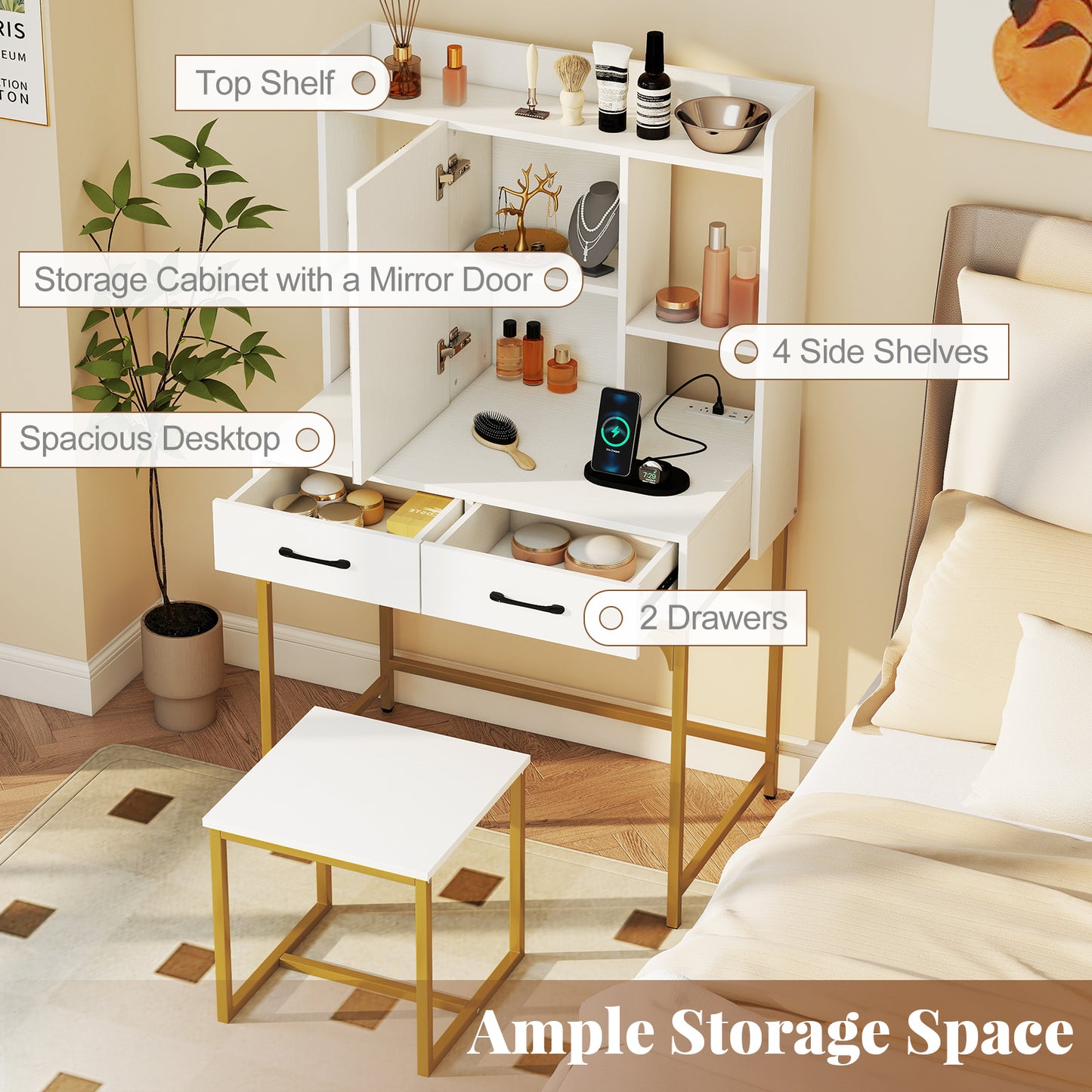 Vanity Desk with Charging Station and Storage Drawers
