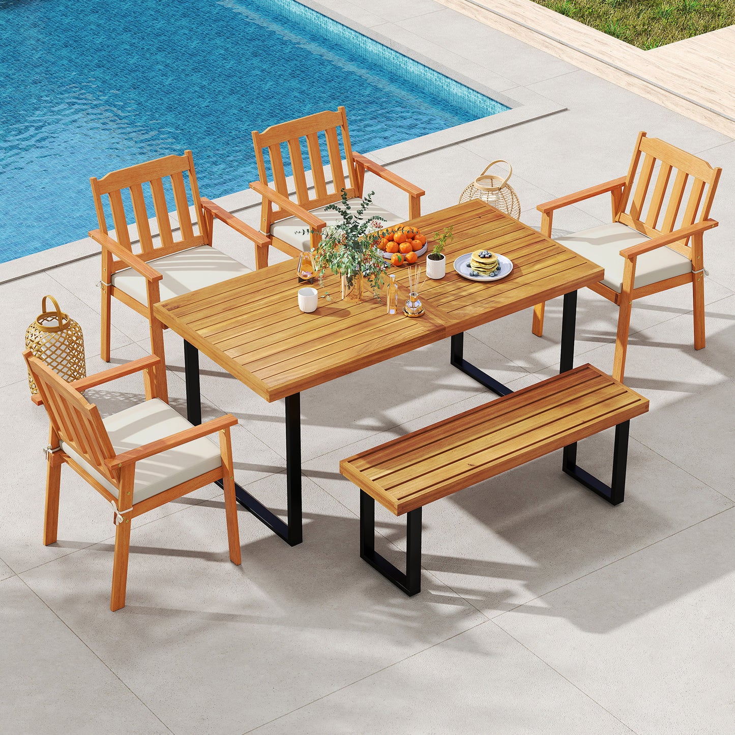 6-Piece Acacia Wood Patio Dining Set with Cushioned Chairs & Bench