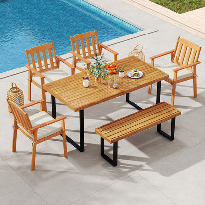 6-Piece Acacia Wood Patio Dining Set with Cushioned Chairs & Bench