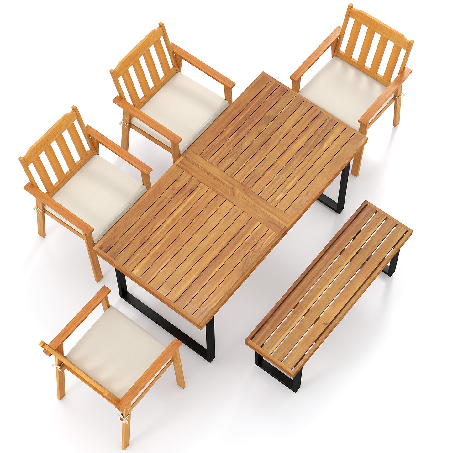 6-Piece Acacia Wood Patio Dining Set with Cushioned Chairs & Bench