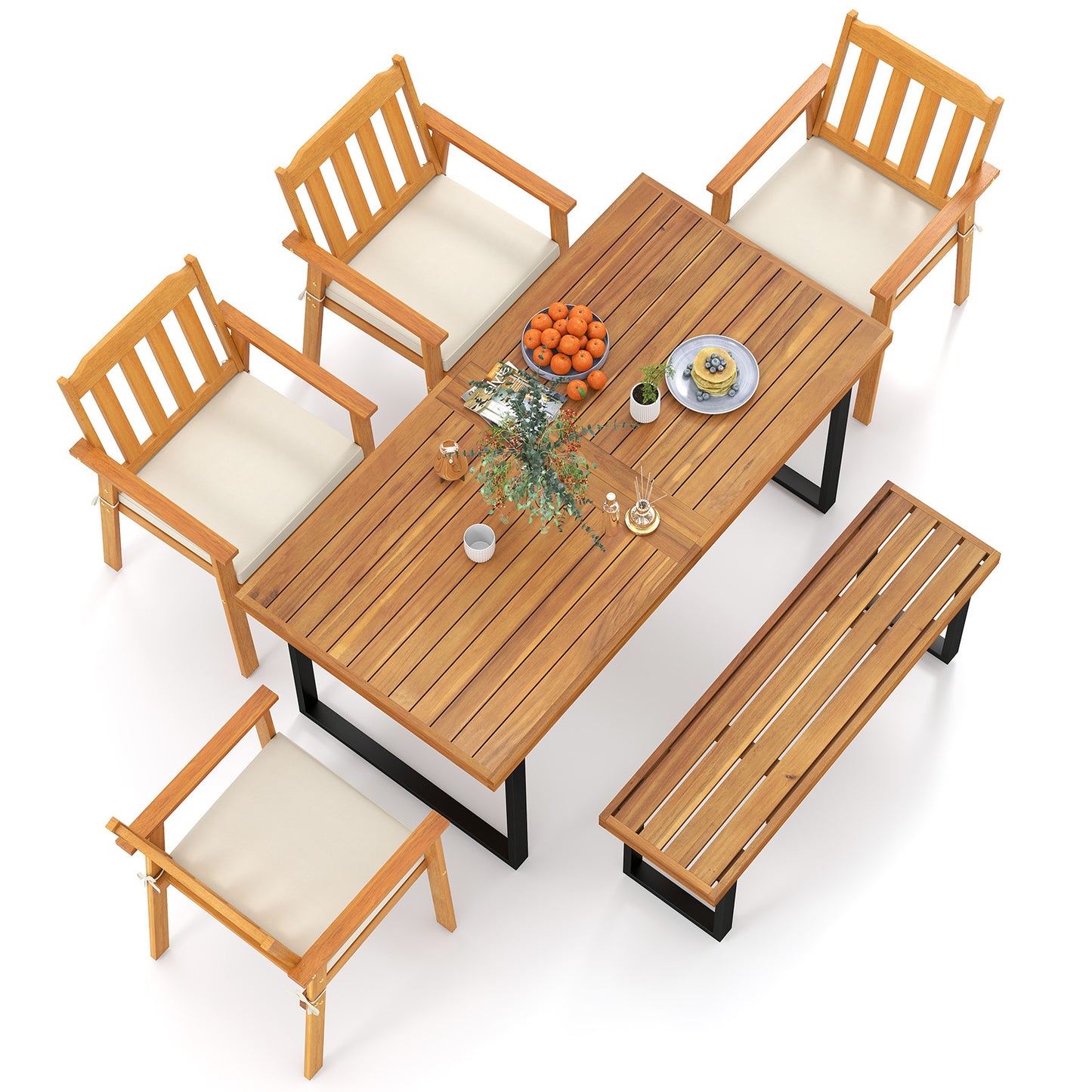 6-Piece Acacia Wood Patio Dining Set with Cushioned Chairs & Bench