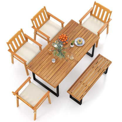 6-Piece Acacia Wood Patio Dining Set with Cushioned Chairs & Bench