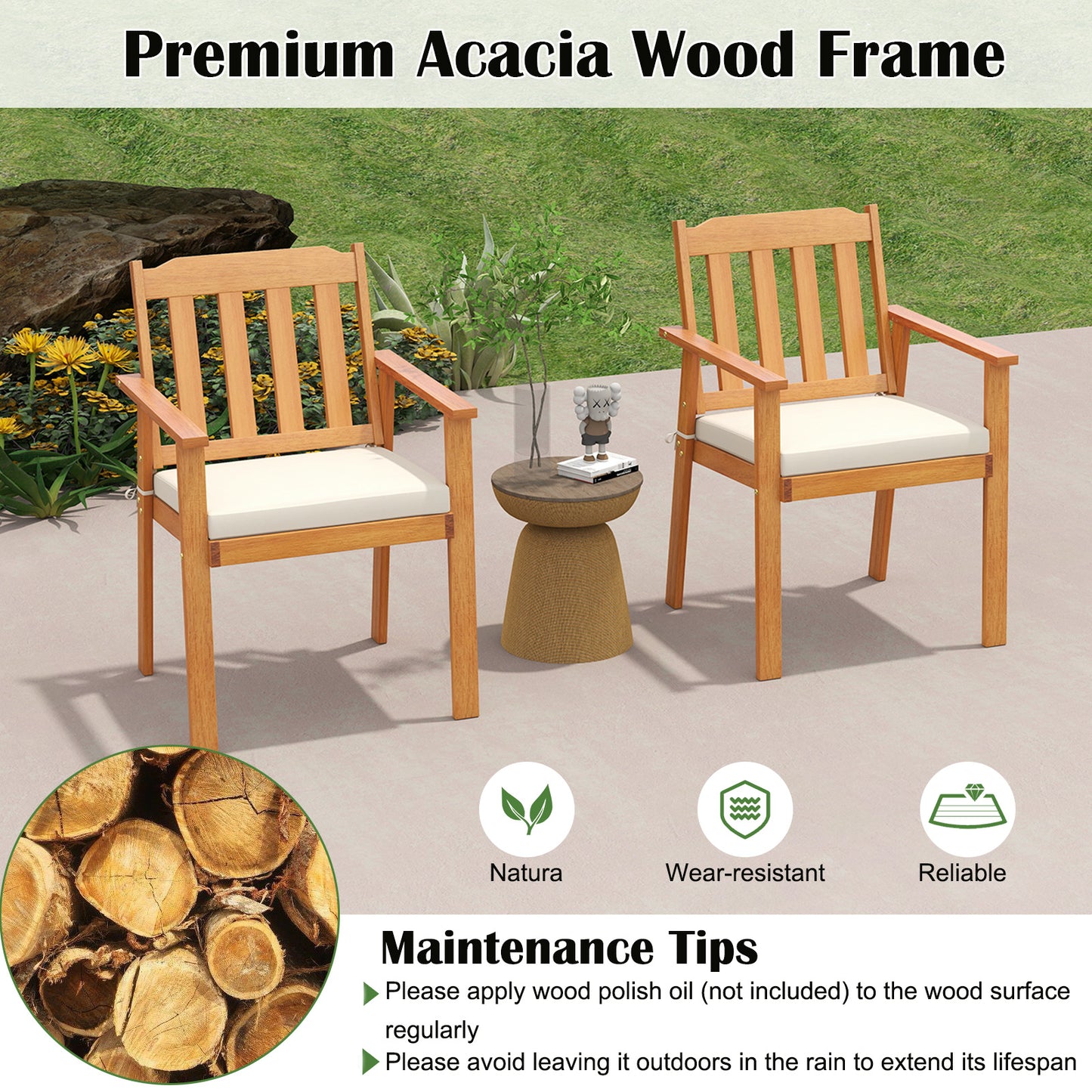 6-Piece Acacia Wood Patio Dining Set with Cushioned Chairs & Bench