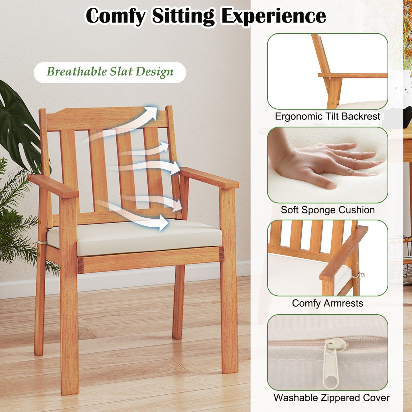 6-Piece Acacia Wood Patio Dining Set with Cushioned Chairs & Bench