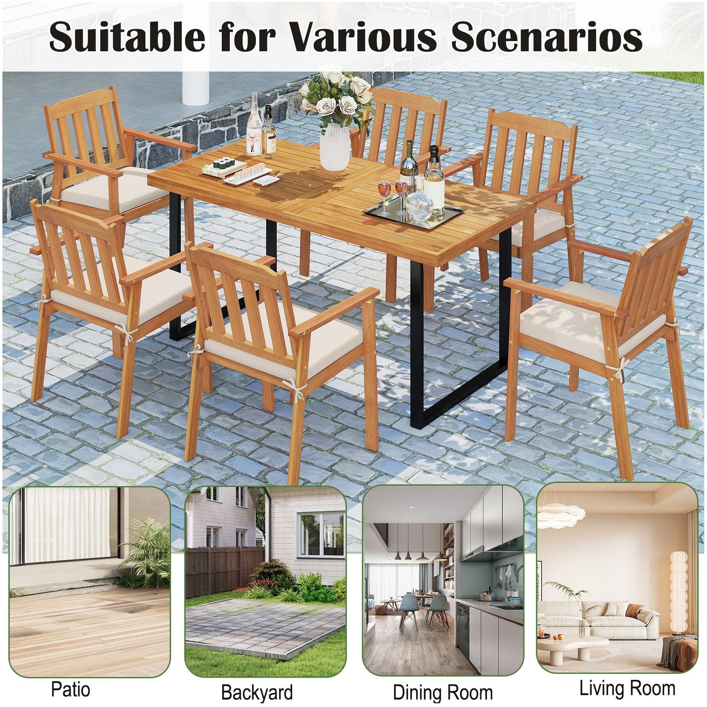 6-Piece Acacia Wood Patio Dining Set with Cushioned Chairs & Bench
