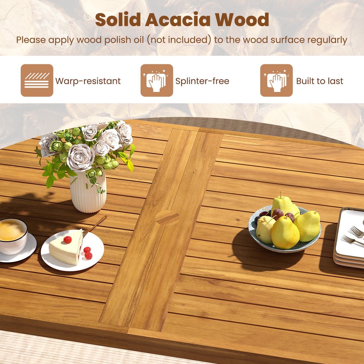 6-Piece Acacia Wood Patio Dining Set with Cushioned Chairs & Bench