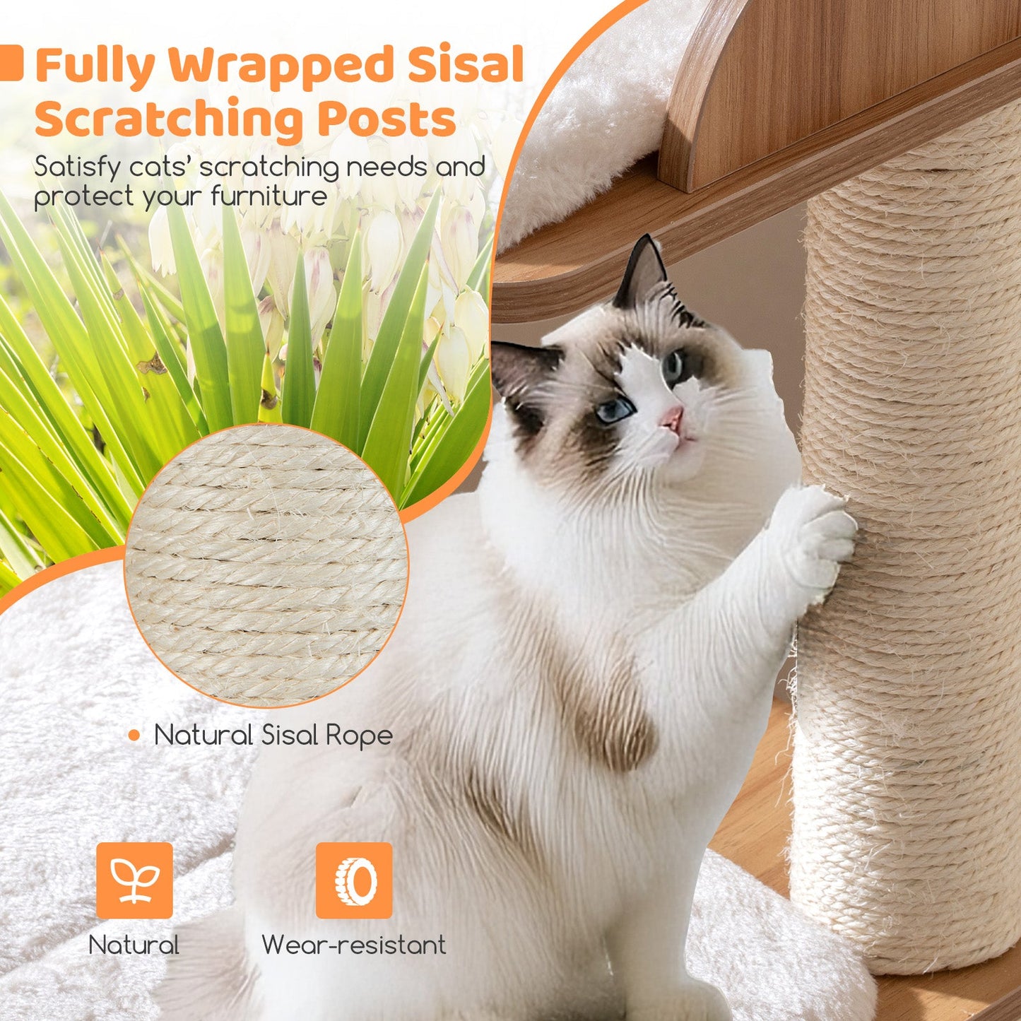 48 Inch Wooden Cat Tree with 2-Floor Condo and Washable Cushions-Natural