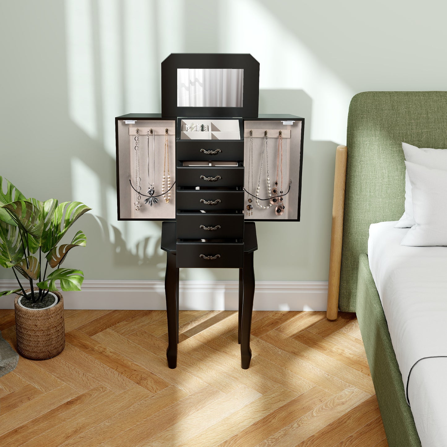 Jewelry Armoire with 5 Drawers and Mirror