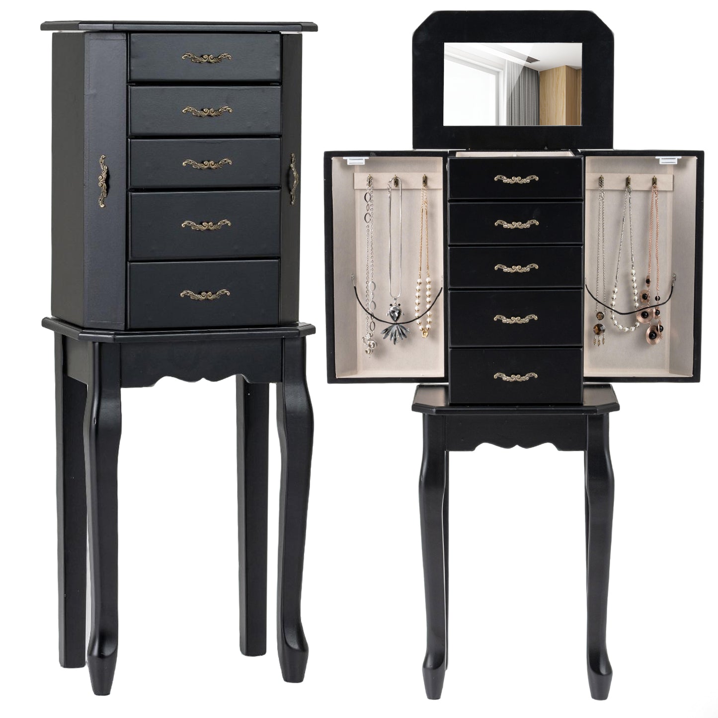 Jewelry Armoire with 5 Drawers and Mirror