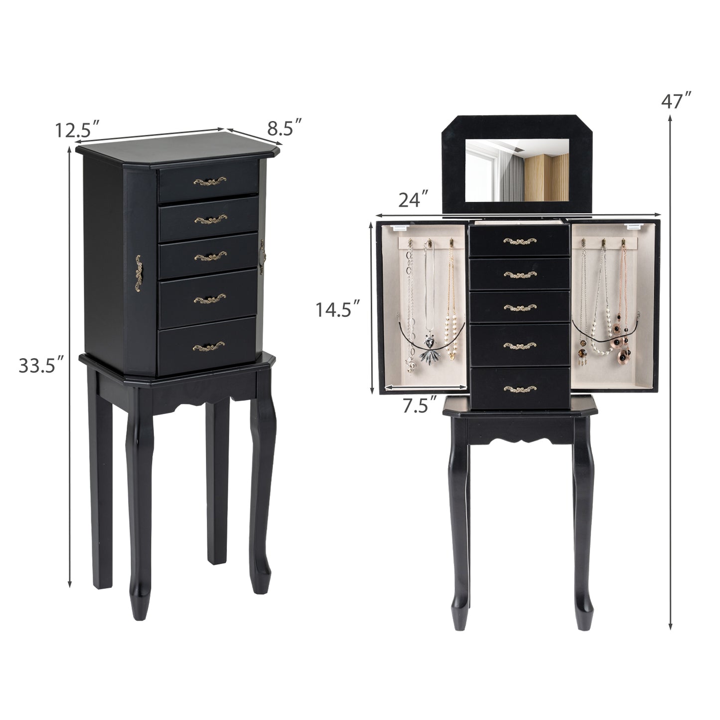 Jewelry Armoire with 5 Drawers and Mirror