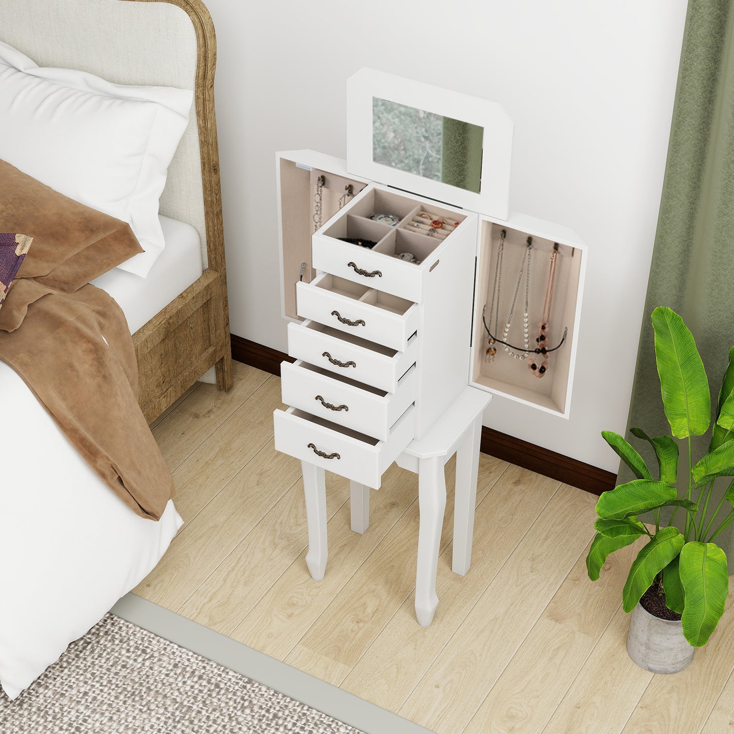 Jewelry Armoire with 5 Drawers and Mirror