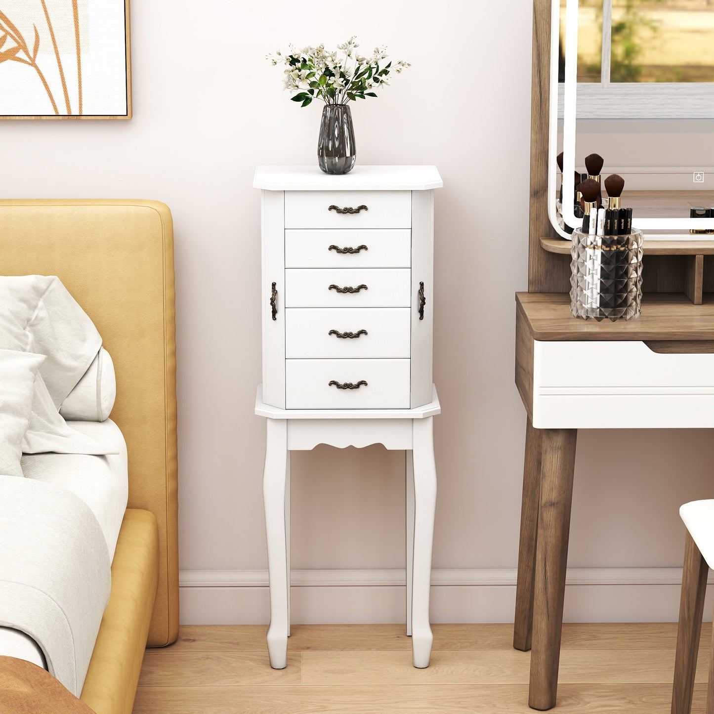 Jewelry Armoire with 5 Drawers and Mirror