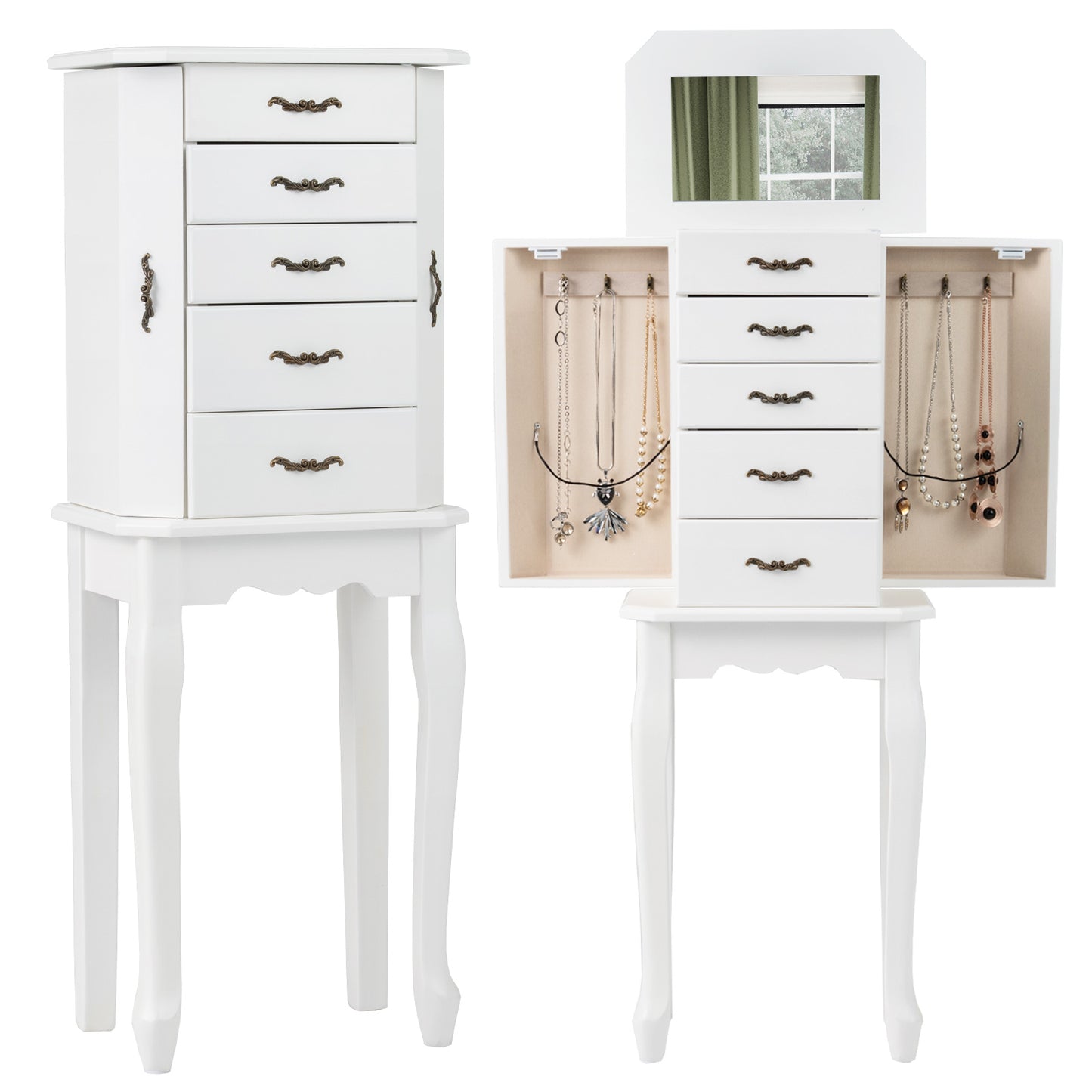 Jewelry Armoire with 5 Drawers and Mirror