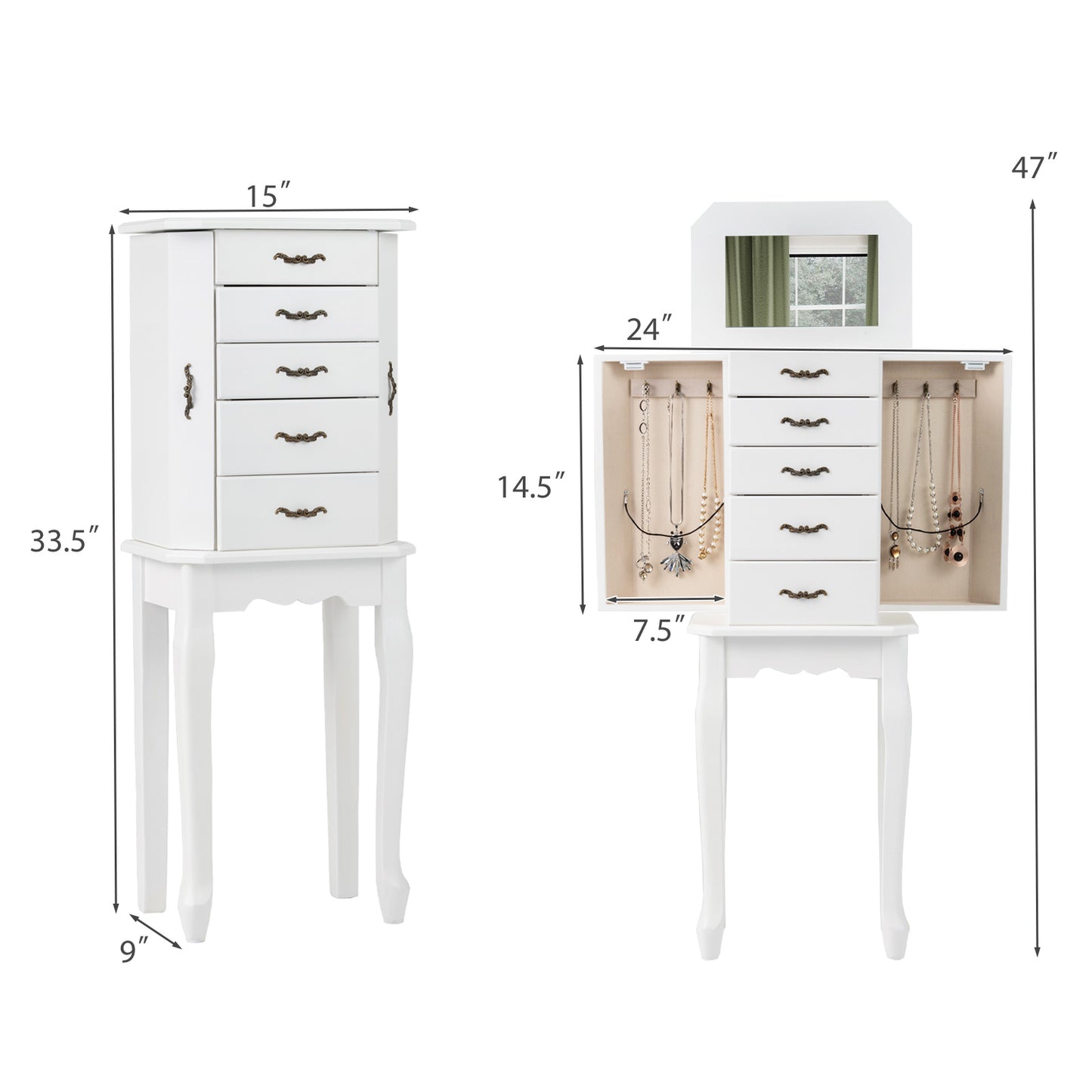 Jewelry Armoire with 5 Drawers and Mirror