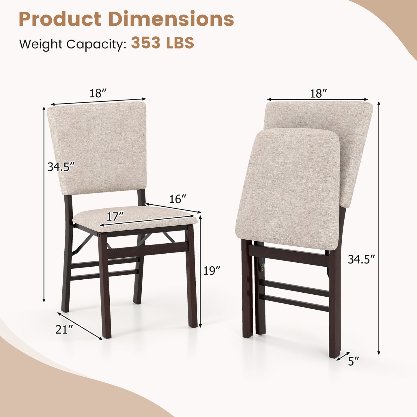 Foldable Dining Chairs Set of 2 with Padded Seats