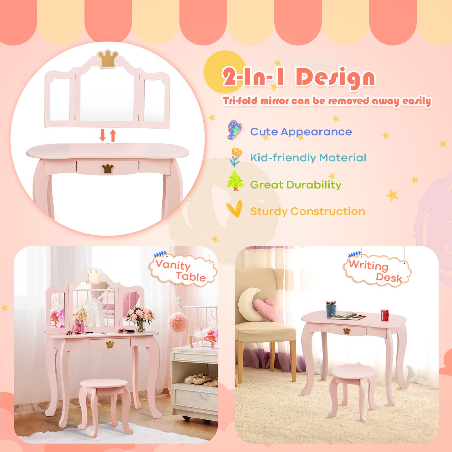 Kids Vanity Set with Jewelry Armoire and Full-Length Mirror