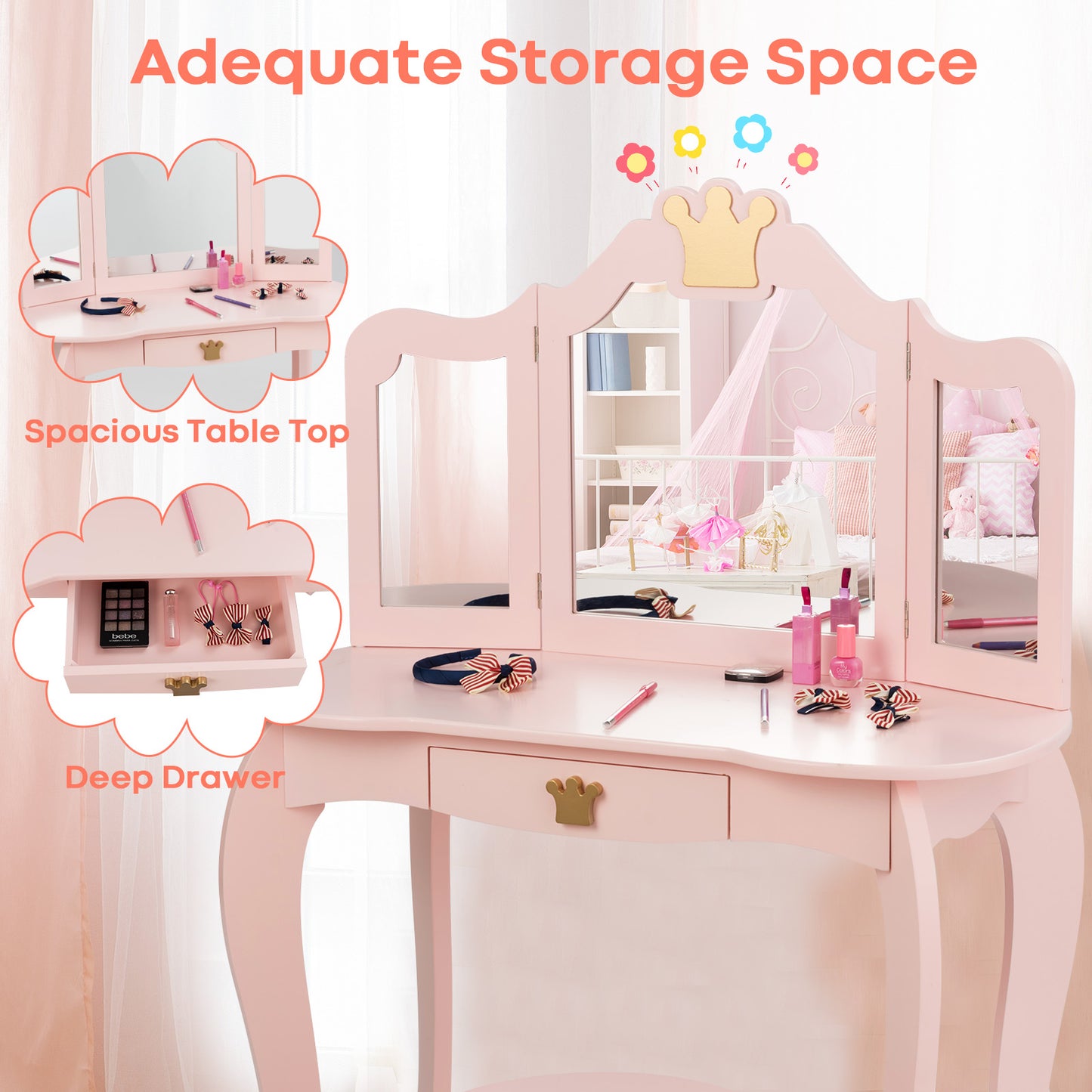 Kids Vanity Set with Jewelry Armoire and Full-Length Mirror